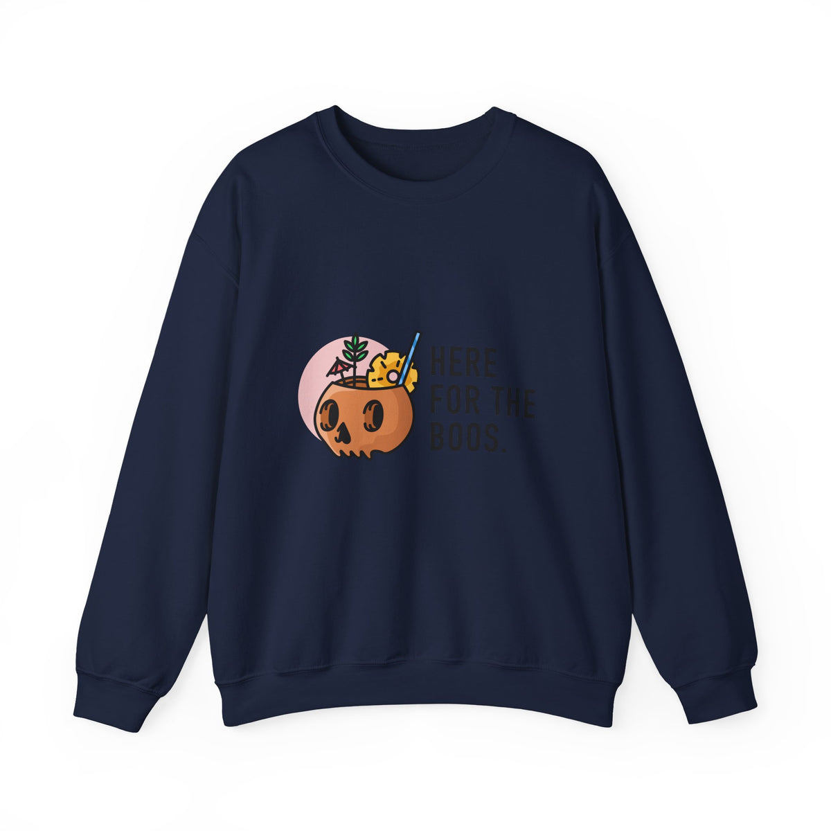 Halloween Sweatshirt — "Here for the Boos" Cute Pumpkin Skull Graphic