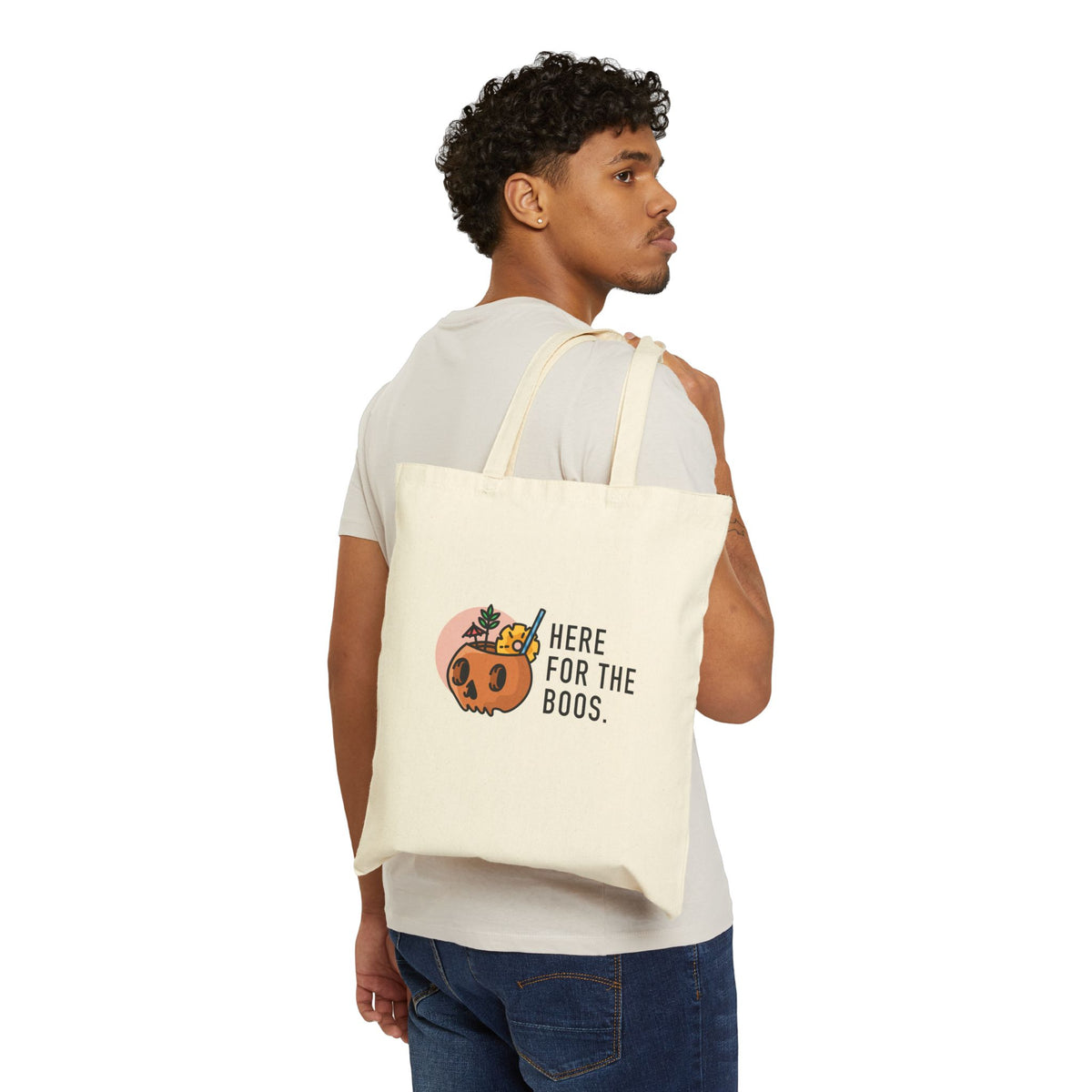 Halloween Pumpkin Tote - "Here For The Boos" Cotton Canvas Bag